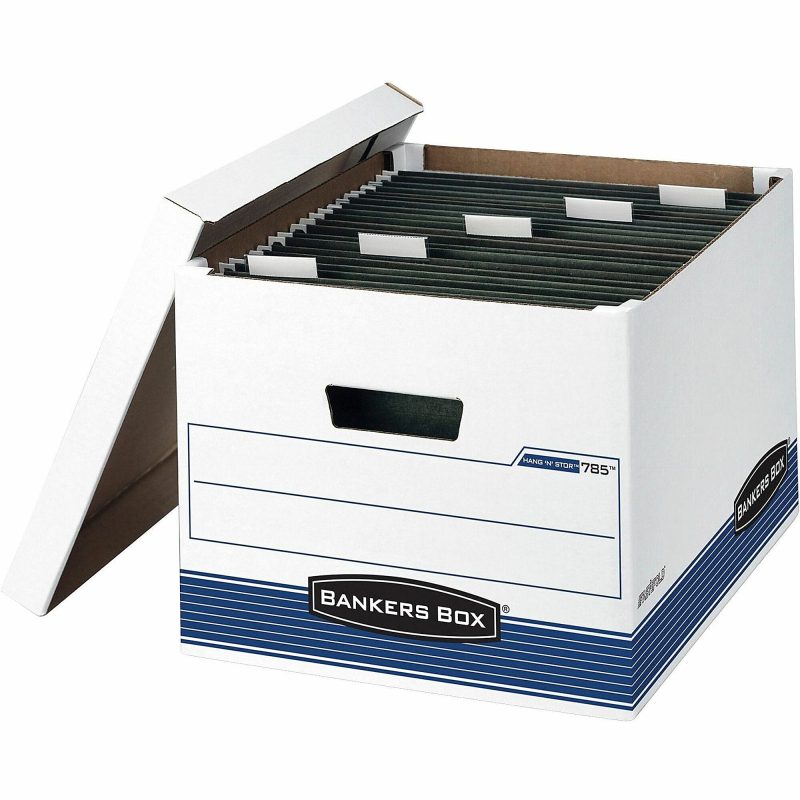 Bankers Box® Hang'N'Stor™ Medium-Duty Storage Boxes With Lift-Off Lids And Built-In Handles, 15 1/2" x 12" x 10", Letter/Legal Size, 60% Recycled, White/Blue, Case Of 4 - Image 6