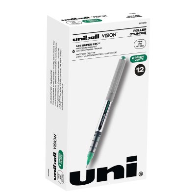 uni-ball® Vision™ Rollerball Pens, Fine Point, 0.7 mm, Gray Barrel, Blue Ink, Pack Of 12 - Green,12