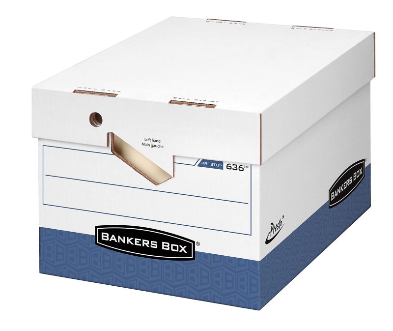 Bankers Box® Presto™ Heavy-Duty Storage Boxes With Locking Lift-Off Lids And Built-In Handles, Letter/Legal Size, 15" x 12" x 10", 60% Recycled, White/Blue, Case Of 12 - Image 2