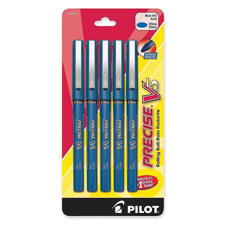 Pilot® Precise™ V5 Liquid Ink Retractable Rollerball Pens, Extra Fine Point, 0.5 mm, Black Barrels, Black Ink, Pack Of 12 - Blue,5