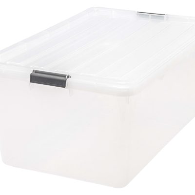 IRIS® Buckle Down Plastic Storage Container With Built-In Handles And Snap Lid, 68 Quarts, 11 3/4" x 17 1/4" x 26 1/8", Clear