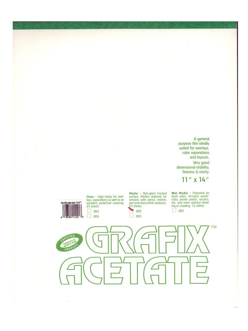 Grafix Matte Acetate Film Pad, 11" x 14", 0.003" Thick, 25 Sheets