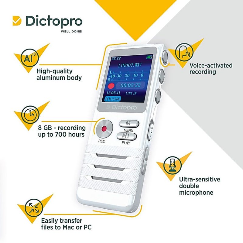 Dictopro Digital Voice Activated Recorder by Dictopro - Easy HD Recording of Lectures and Meetings w/Double Microphone, MP3, USB, 8GB - 8 GBLCD - MP3, WAV, APE, FLAC - 700 HourspeaceRecording Time - Portable - Image 3