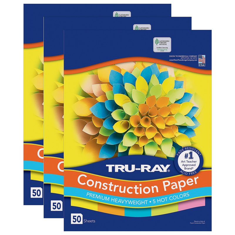 Tru-Ray® Construction Paper, 12" x 18", Assorted Hot Colors, 50 Sheets Per Pack, Set Of 3 Packs