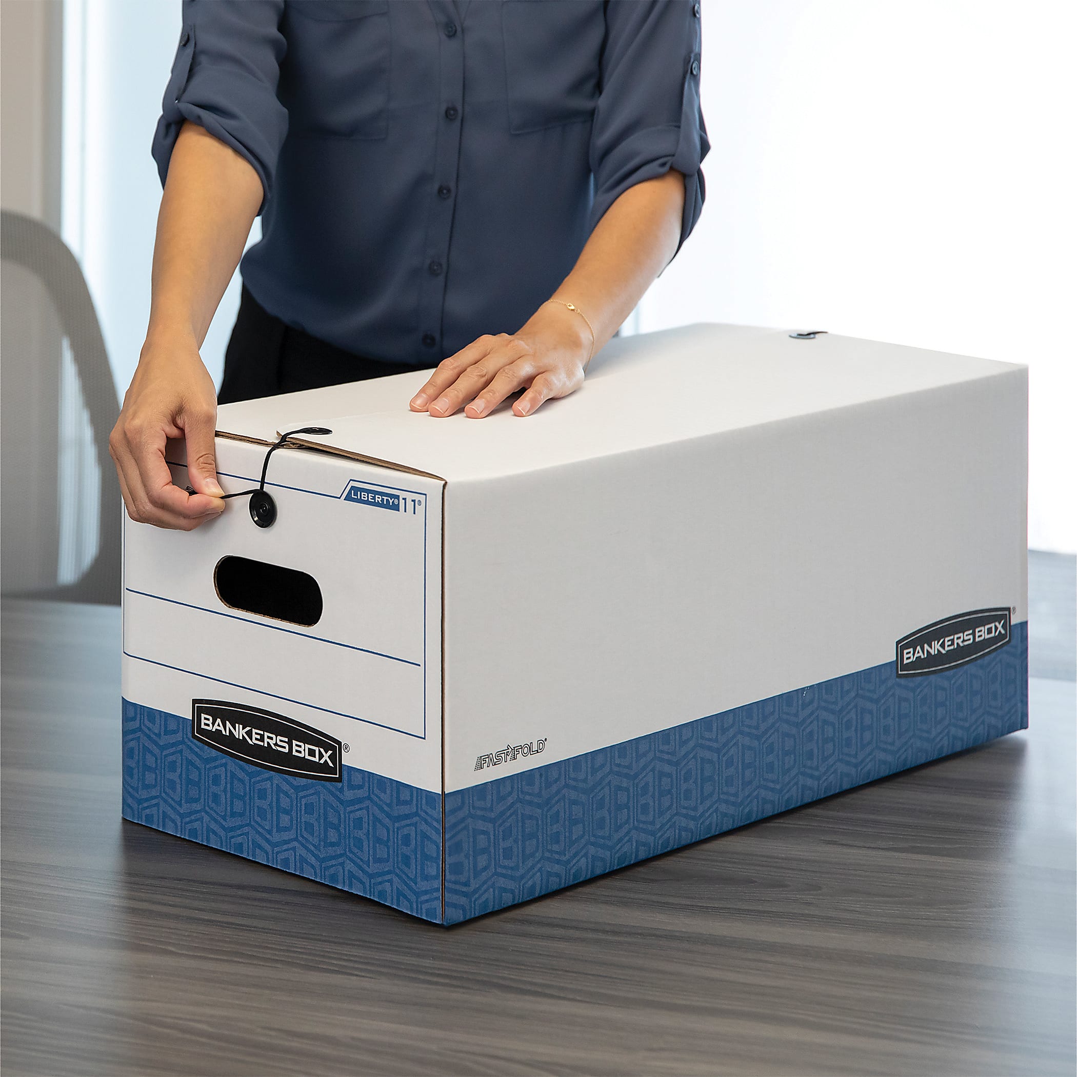 Bankers Box® Liberty® FastFold® Medium-Duty Storage Boxes With Locking Lift-Off Lids And Built-In Handles, Letter Size, 24" x 12" x 10", 60% Recycled, White/Blue, Case Of 12 - Image 5