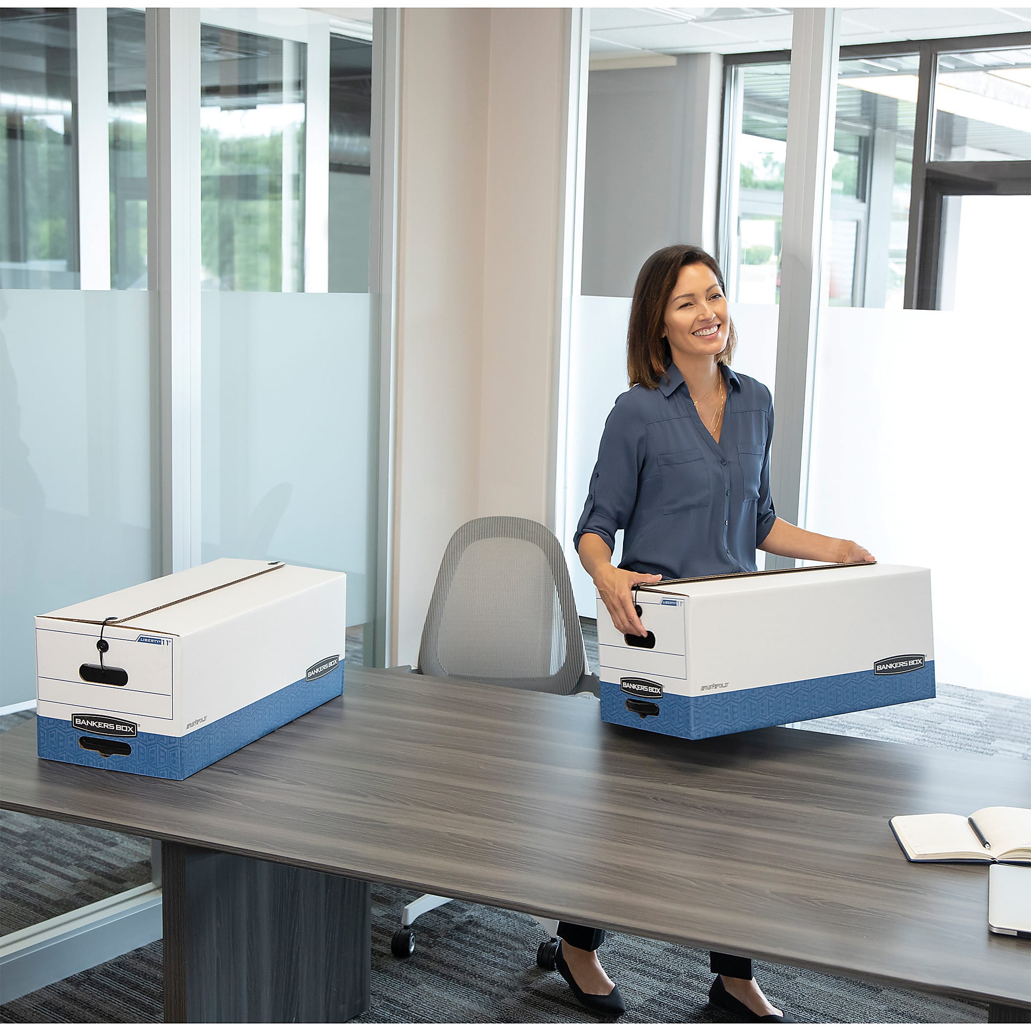 Bankers Box® Liberty® FastFold® Medium-Duty Storage Boxes With Locking Lift-Off Lids And Built-In Handles, Letter Size, 24" x 12" x 10", 60% Recycled, White/Blue, Case Of 12 - Image 6