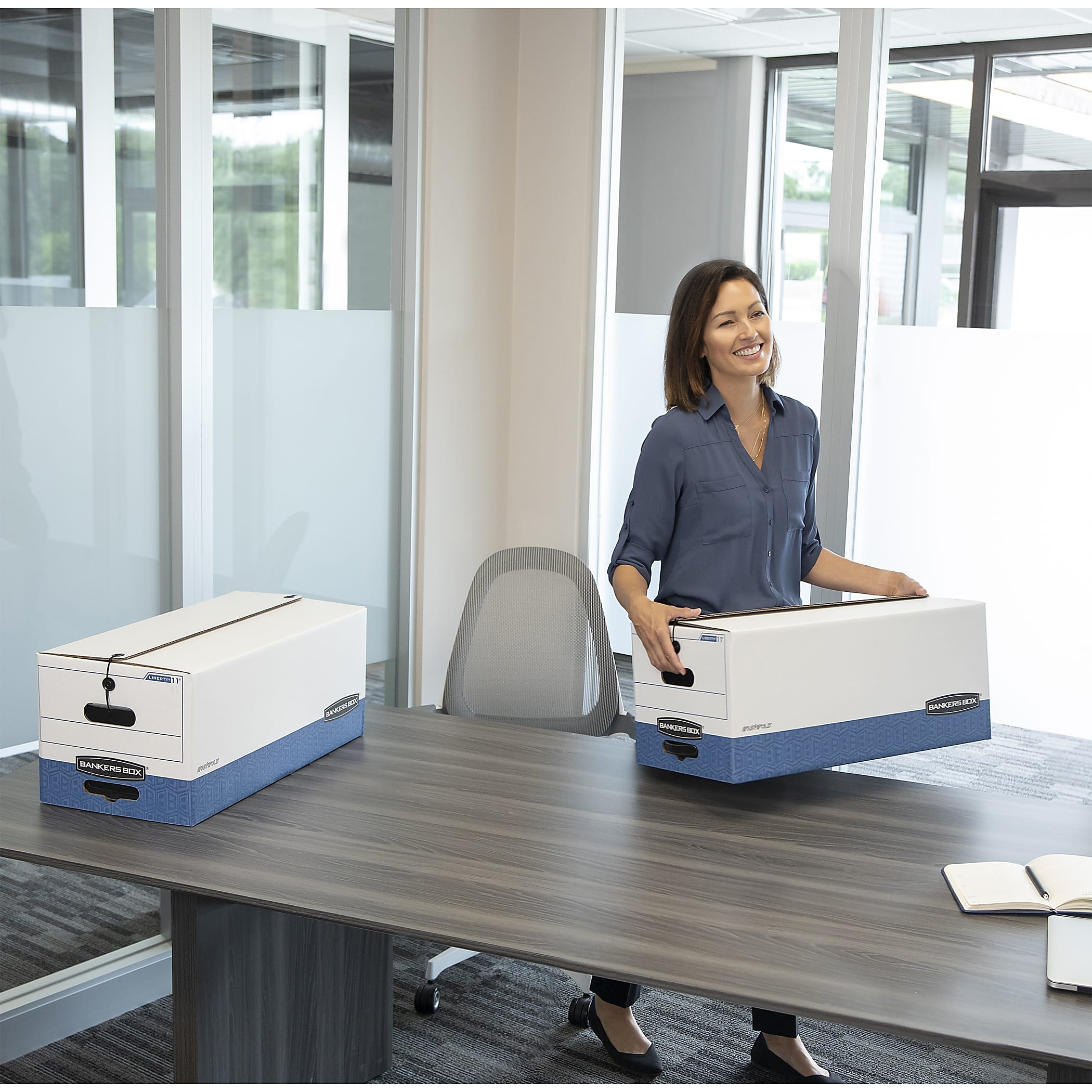 Bankers Box® Liberty® FastFold® Medium-Duty Storage Boxes With Locking Lift-Off Lids And Built-In Handles, Letter Size, 24" x 12" x 10", 60% Recycled, White/Blue, Case Of 12 - Image 8