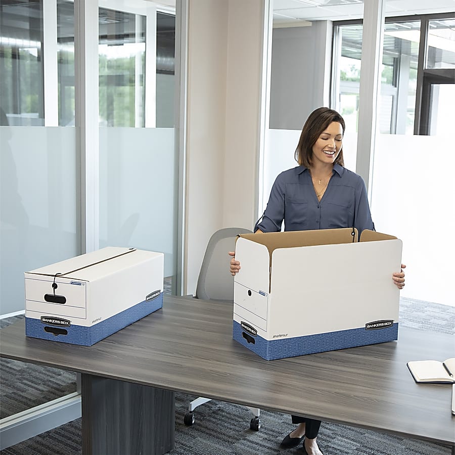 Bankers Box® Liberty® FastFold® Medium-Duty Storage Boxes With Locking Lift-Off Lids And Built-In Handles, Letter Size, 24" x 12" x 10", 60% Recycled, White/Blue, Case Of 12 - Image 11