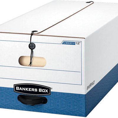 Bankers Box® Liberty® FastFold® Heavy-Duty Storage Boxes With Locking Lift-Off Lids And Built-In Handles, Legal Size, 24" x 15" x 10", 60% Recycled, White/Blue, Case Of 12