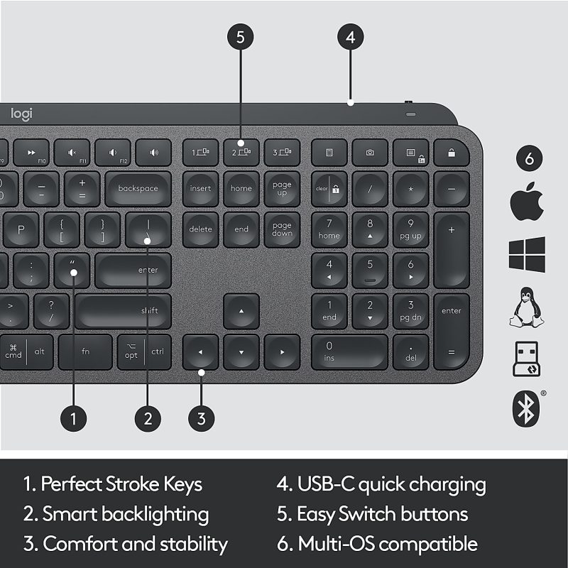 Logitech MX Keys Wireless Illuminated Keyboard for Business, Quiet Perfect-Stroke Keys, Logi Bolt Technology - Graphite - Wireless Connectivity - Bluetooth - 32.81 ft - iPhone, iPad, iPad mini, iPod, Tablet, Desktop Computer, Notebook, Smartphone - Image 6