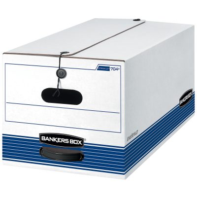 Bankers Box® Stor/File™ FastFold® Standard-Duty Storage Boxes With Locking Lift-Off Lids And Built-In Handles, Letter Size, 24“D x 12" x 10", 60% Recycled, White/Blue, Case Of 12
