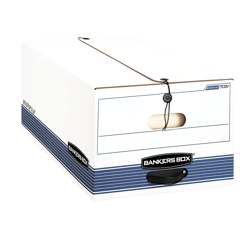 Bankers Box® Stor/File™ Medium-Duty Storage Boxes With String & Button Closure, Built-In Handles, Legal Size, 24" x 15" x 10", 60% Recycled, White/Blue, Case Of 12 - Image 2