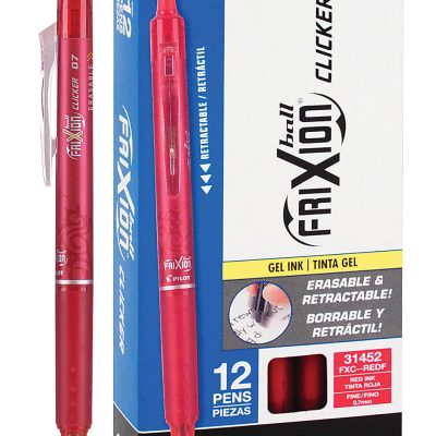 Pilot® FriXion® Ball Clicker Erasable Retractable Gel Pens, Pack of 12, Fine Point, 0.7 mm, Blue Barrel, Blue Ink - Red,12