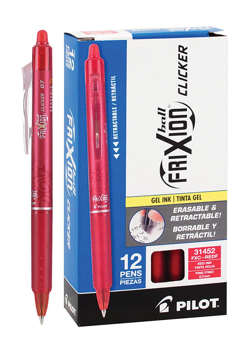 Pilot® FriXion® Ball Clicker Erasable Retractable Gel Pens, Pack of 12, Fine Point, 0.7 mm, Blue Barrel, Blue Ink - Red,12