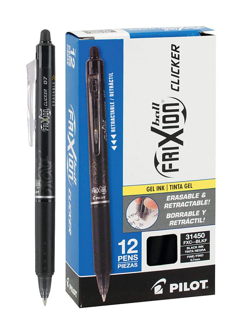 Pilot® FriXion® Ball Clicker Erasable Retractable Gel Pens, Pack of 12, Fine Point, 0.7 mm, Blue Barrel, Blue Ink - Black,12