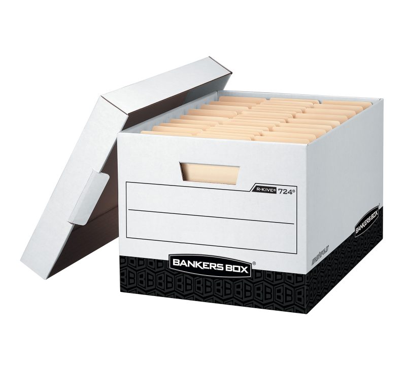 Bankers Box® R Kive® Heavy-Duty Storage Boxes With Locking Lift-Off Lids And Built-In Handles, Letter/Legal Size, 15" x 12" x 10", 60% Recycled, White/Black, Case Of 12