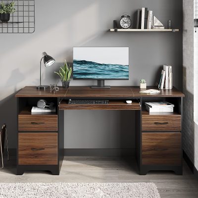 Bestier 59"W Double-Pedestal Executive Computer Desk With Open Storage & Drawer, Gray - Cherry,59 in.