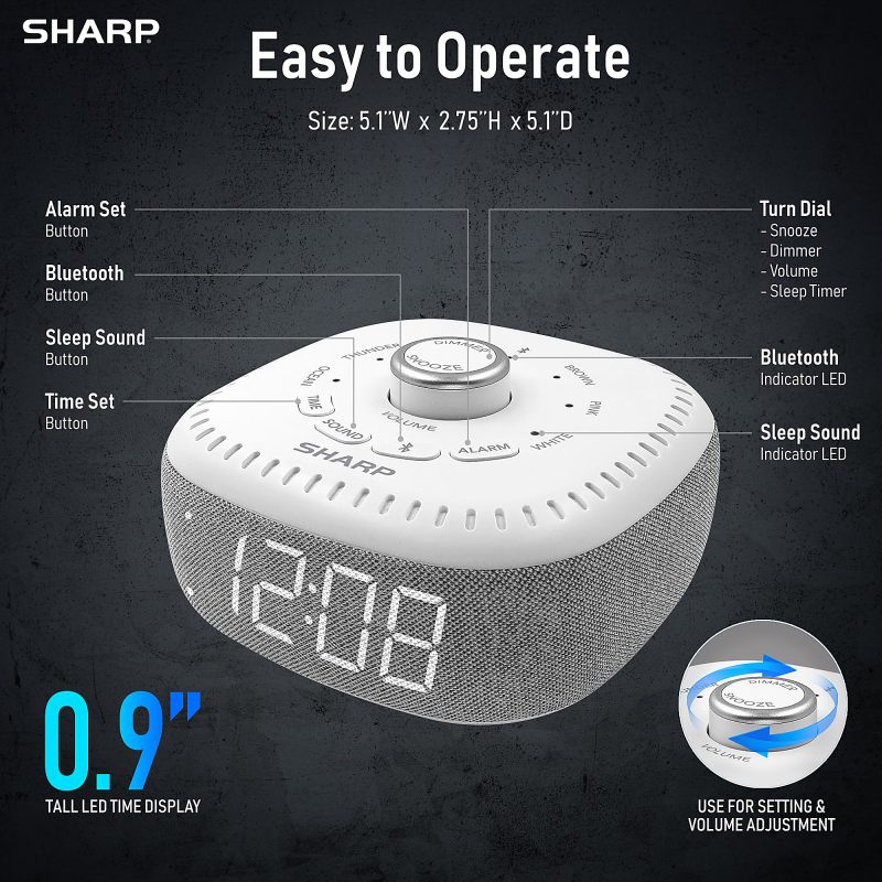Sharp White Noise Machine Alarm Clock with Bluetooth Speaker, 2-3/8”H x 5-1/8”W x 5-1/8”D, White - Image 5