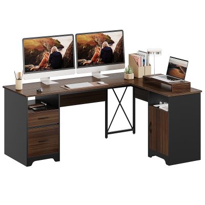Bestier 63"W L-Shaped Corner Computer Desk With Monitor Stand & Open Storage, Gray - Cherry,63 in.
