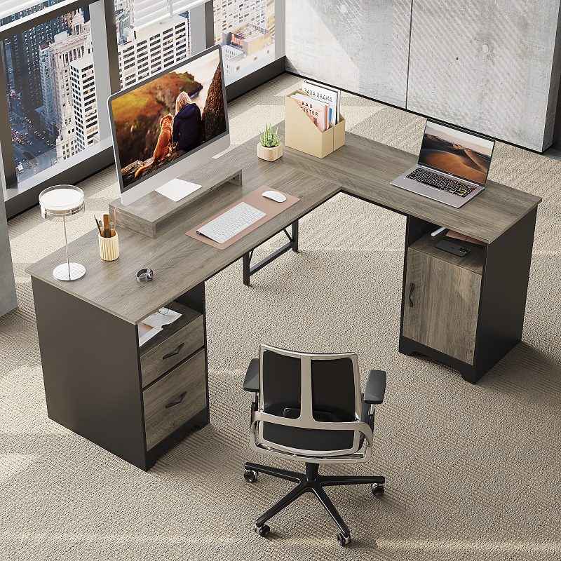 Bestier 63"W L-Shaped Corner Computer Desk With Monitor Stand & Open Storage, Gray - Image 2