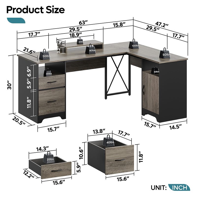 Bestier 63"W L-Shaped Corner Computer Desk With Monitor Stand & Open Storage, Gray - Image 6