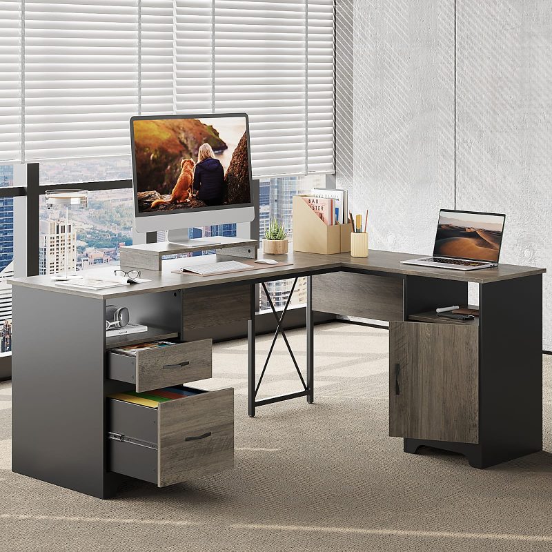 Bestier 63"W L-Shaped Corner Computer Desk With Monitor Stand & Open Storage, Gray - Image 7