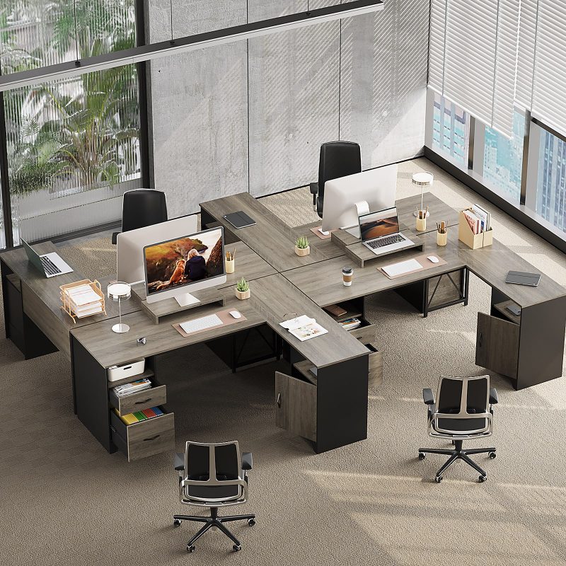 Bestier 63"W L-Shaped Corner Computer Desk With Monitor Stand & Open Storage, Gray - Image 8