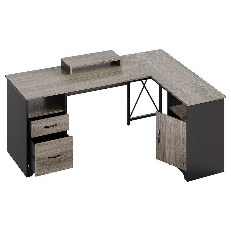 Bestier 63"W L-Shaped Corner Computer Desk With Monitor Stand & Open Storage, Gray - Image 9