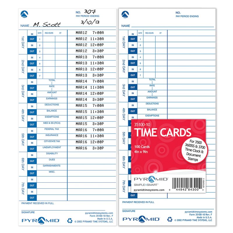 Pyramid Time Systems, 35100-10, Genuine and Authentic pack of 100 Time Cards, Use with Pyramid Side Loading Time Clocks, Models 3500, 3600SS and 3700 - Image 2