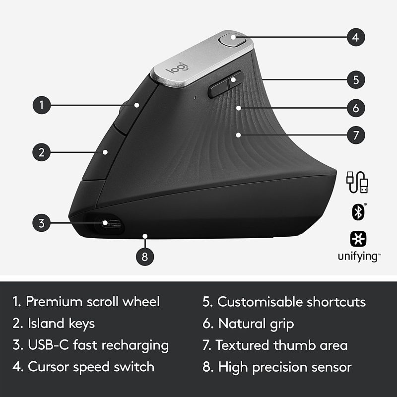 Logitech MX Vertical Advanced Ergonomic Wireless Mouse, Control and Move Content Between 3 Windows and Apple Computers (Bluetooth or USB), Rechargeable, Graphite - Image 6