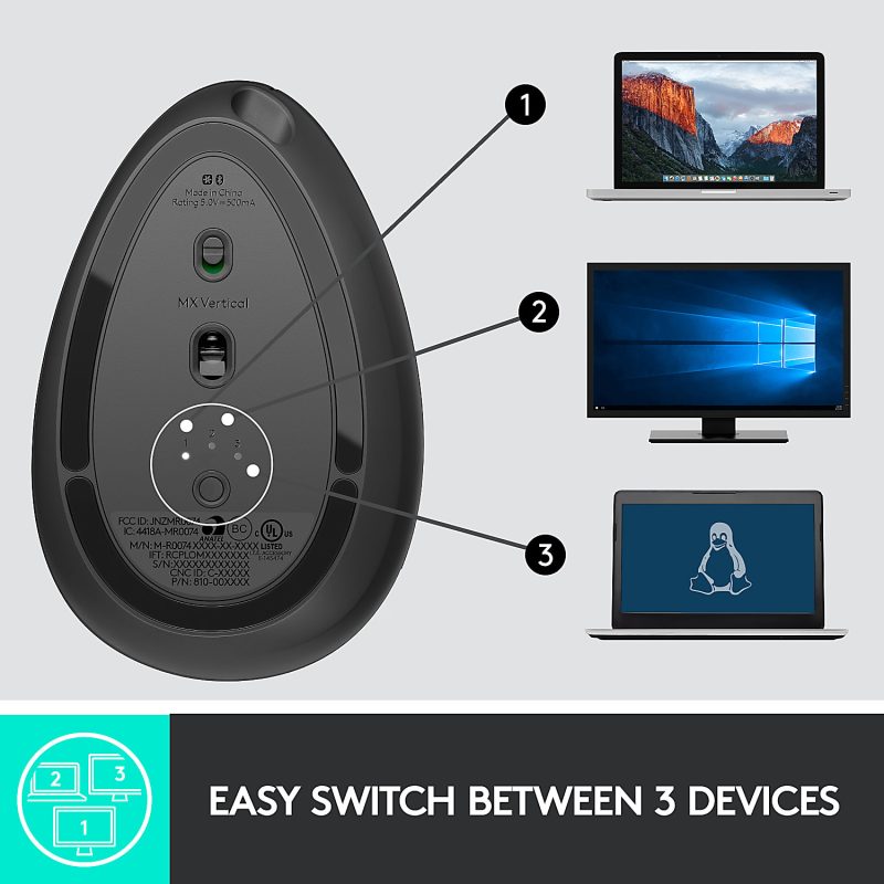 Logitech MX Vertical Advanced Ergonomic Wireless Mouse, Control and Move Content Between 3 Windows and Apple Computers (Bluetooth or USB), Rechargeable, Graphite - Image 8