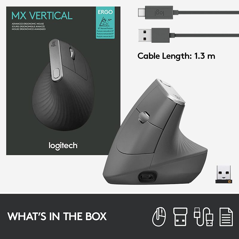 Logitech MX Vertical Advanced Ergonomic Wireless Mouse, Control and Move Content Between 3 Windows and Apple Computers (Bluetooth or USB), Rechargeable, Graphite - Image 9