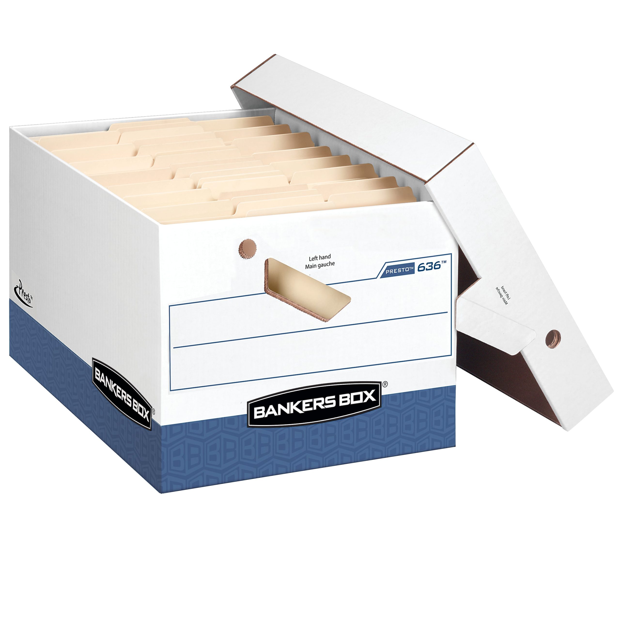 Bankers Box® Presto™ Heavy-Duty Storage Boxes With Locking Lift-Off Lids And Built-In Handles, Letter/Legal Size, 15" x 12" x 10", 60% Recycled, White/Blue, Case Of 2 - Image 2