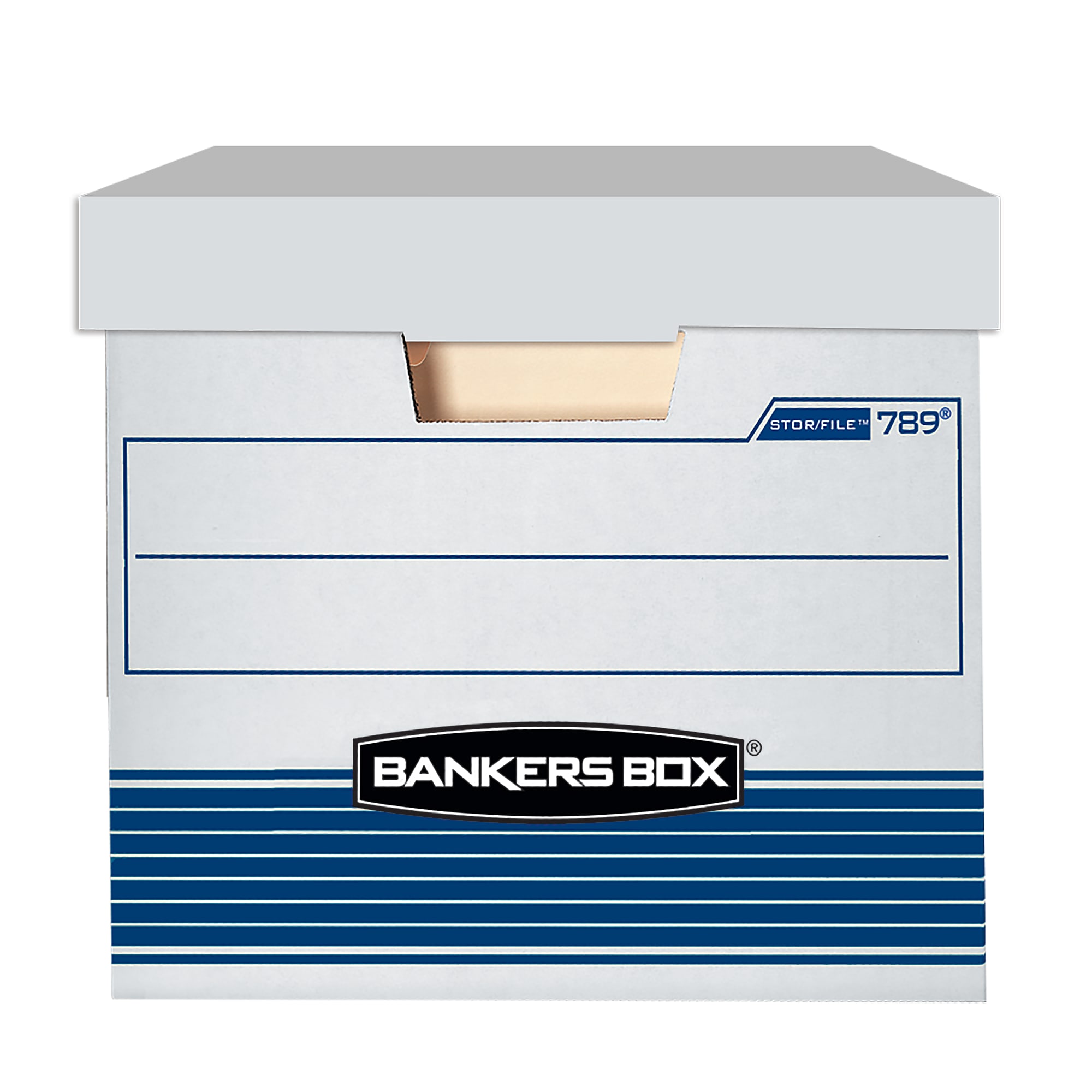 Bankers Box® Presto™ Heavy-Duty Storage Boxes With Locking Lift-Off Lids And Built-In Handles, Letter/Legal Size, 15" x 12" x 10", 60% Recycled, White/Blue, Case Of 2 - Image 3