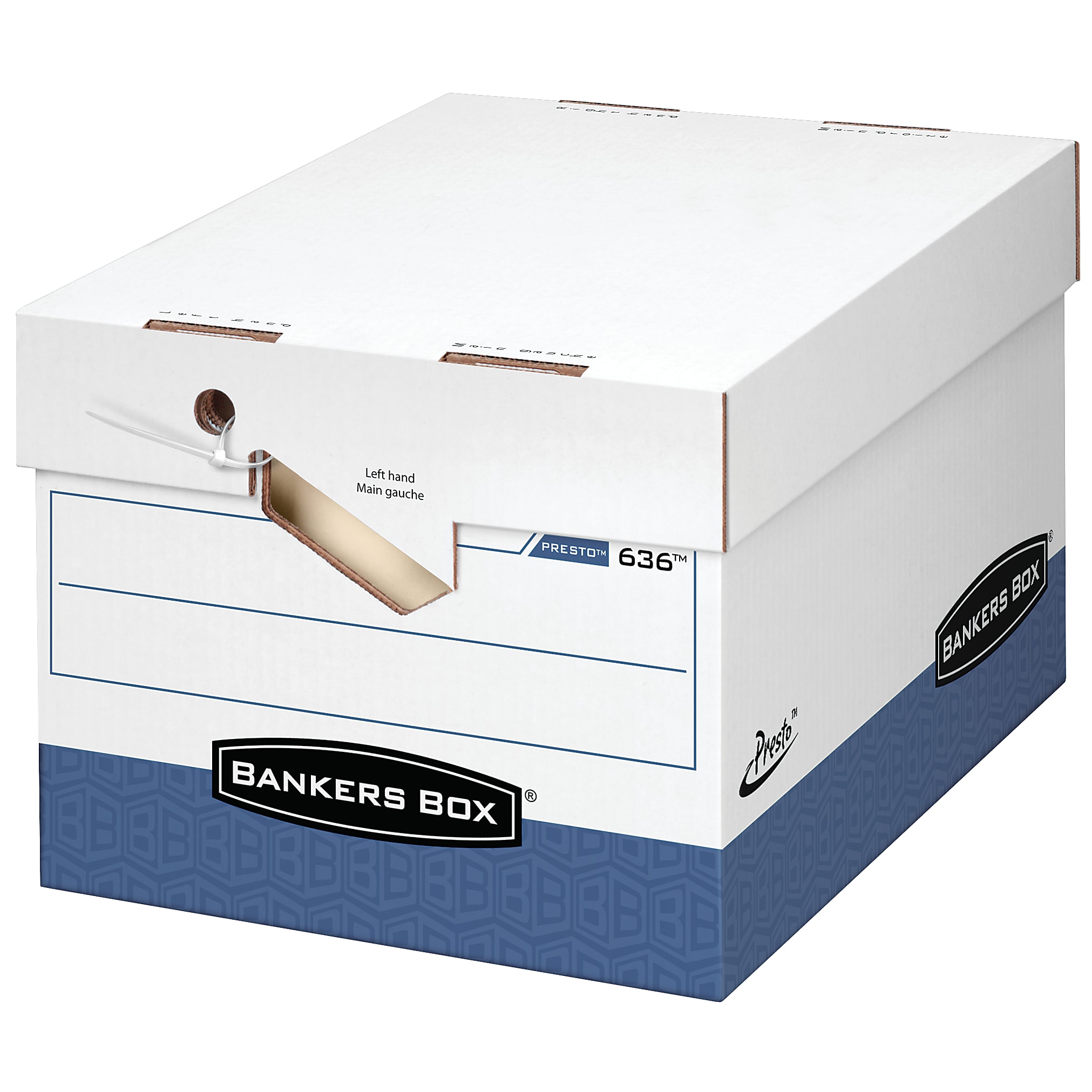 Bankers Box® Presto™ Heavy-Duty Storage Boxes With Locking Lift-Off Lids And Built-In Handles, Letter/Legal Size, 15" x 12" x 10", 60% Recycled, White/Blue, Case Of 2 - Image 7