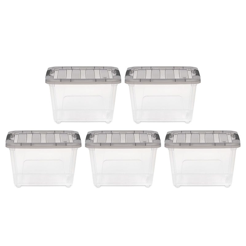 Iris® Stack & Pull™ Storage Boxes, 4.75 Gallon, Clear/Gray, Set Of 5 Boxes