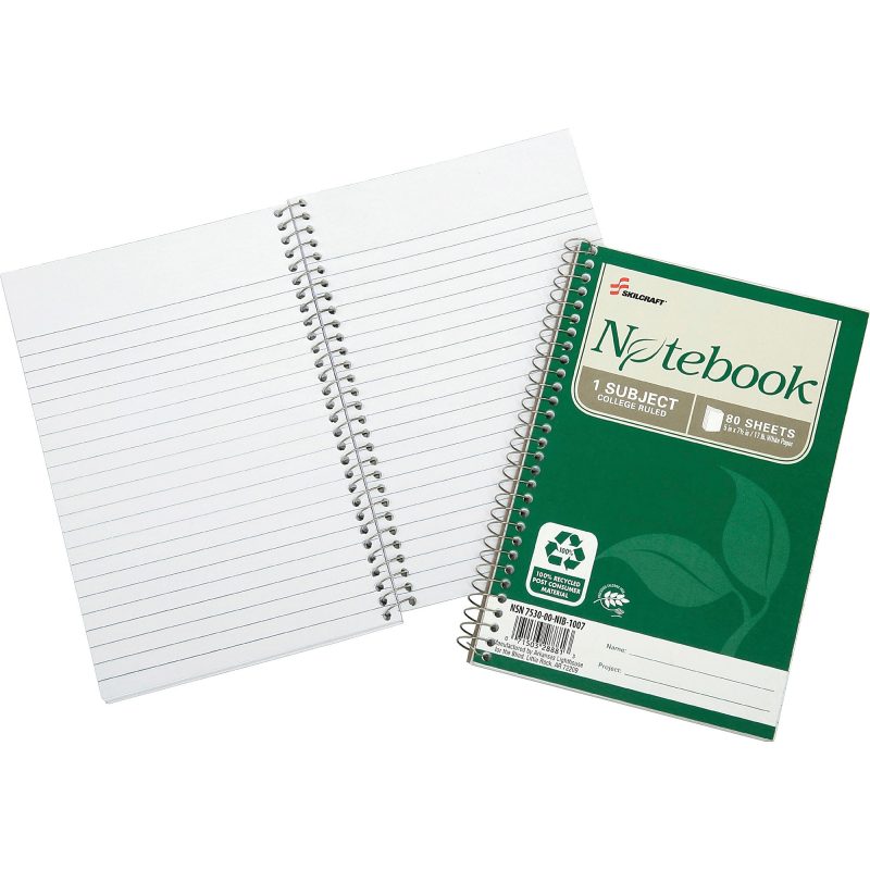 SKILCRAFT® Spiral Notebook, 5" x 7-1/2", 1 Subject, College Rule, 80 Sheets, 100% Recycled, Green, Pack of 6 - Image 2