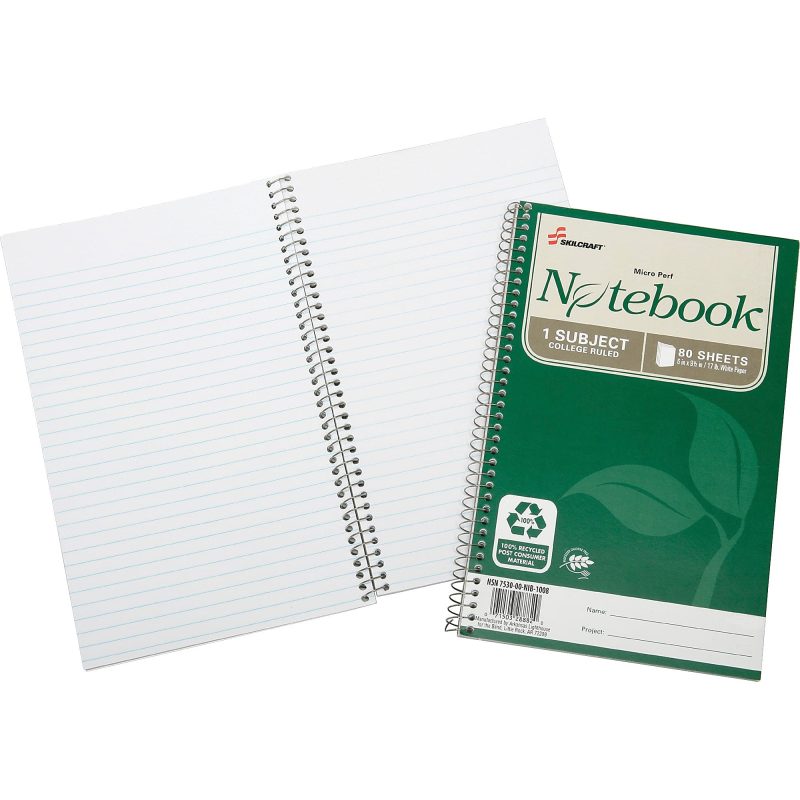 SKILCRAFT® Spiral Notebook, 6" x 9-1/2", 1 Subject, College Rule, 80 Sheets, 100% Recycled, Green, Pack of 3 - Image 2