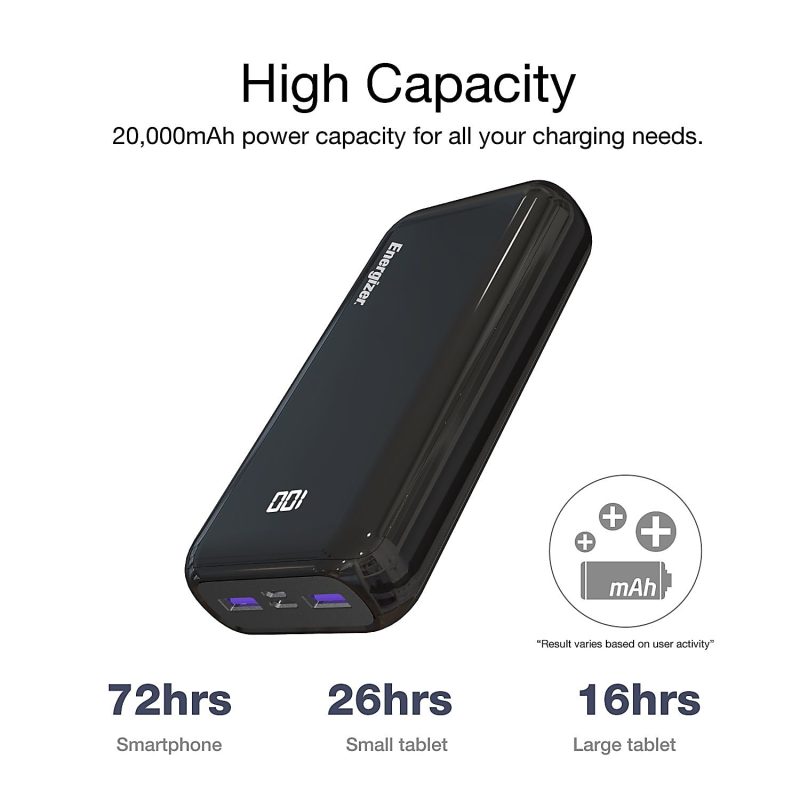 Energizer 20,000mAh Ultimate Power Bank, Black, UE20011PQ - Image 3