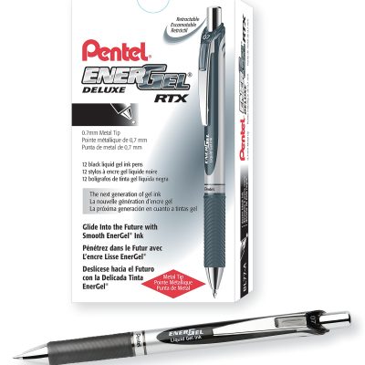 Pentel® EnerGel™ Retractable Liquid Gel Pens, Medium Point, 0.7 mm, Silver Barrel, Blue Ink, Pack Of 12 - Black,12
