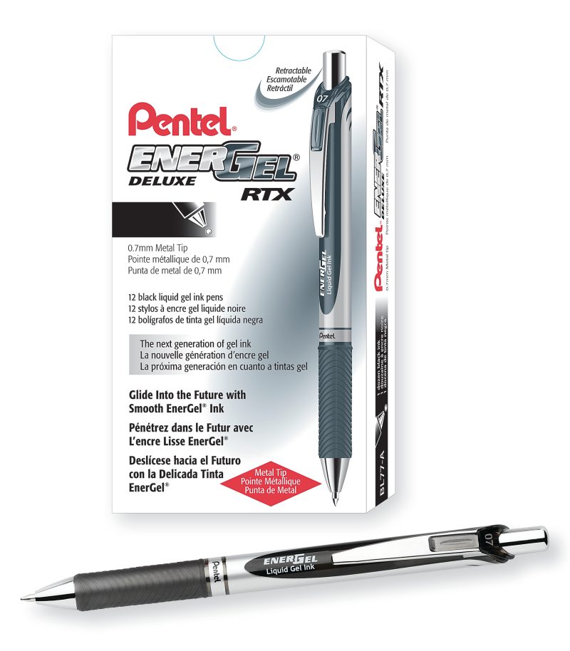 Pentel® EnerGel™ Retractable Liquid Gel Pens, Medium Point, 0.7 mm, Silver Barrel, Blue Ink, Pack Of 12 - Black,12