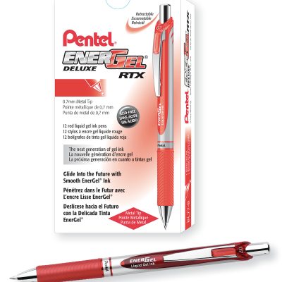 Pentel® EnerGel™ Retractable Liquid Gel Pens, Medium Point, 0.7 mm, Silver Barrel, Blue Ink, Pack Of 12 - Red,12