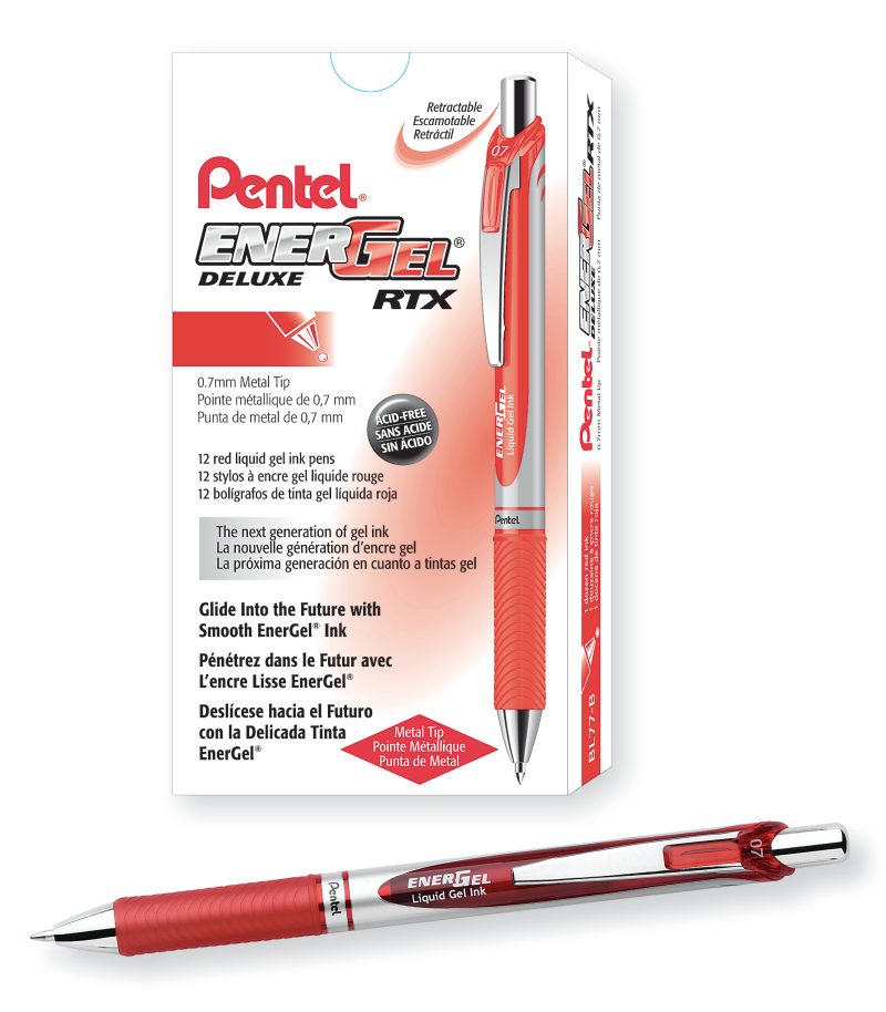 Pentel® EnerGel™ Retractable Liquid Gel Pens, Medium Point, 0.7 mm, Silver Barrel, Blue Ink, Pack Of 12 - Red,12