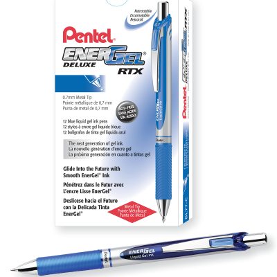 Pentel® EnerGel™ Retractable Liquid Gel Pens, Medium Point, 0.7 mm, Silver Barrel, Blue Ink, Pack Of 12