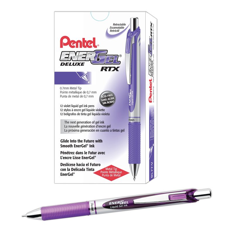 Pentel® EnerGel™ Retractable Liquid Gel Pens, Medium Point, 0.7 mm, Silver Barrel, Blue Ink, Pack Of 12 - Violet,12