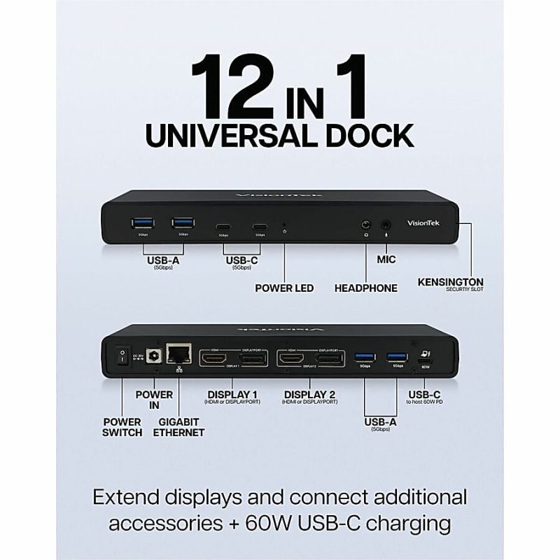 VisionTek VT4500 USB / USB-C Dual Monitor 4K Docking Station with 60W Power Delivery - 4 x USB 3.0 - 2x USB-C - 2x HDMI -2x DisplayPort - RJ-45 Ethernet - Audio Line In - Audio Line Out - Dock for Windows, Apple Mac including M1, Chromebook - Displaylink - Image 5