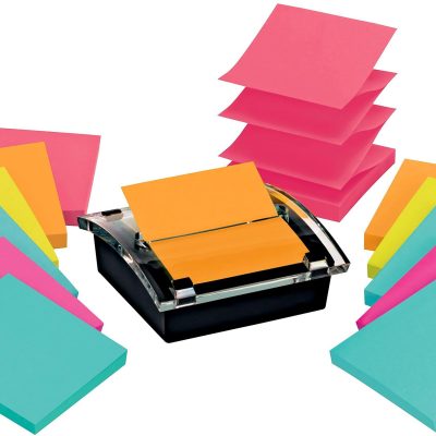 Post-it Super Sticky Pop Up Notes with Black Dispenser, 12 Pads, 3 in x 3 in, 2x the Sticking Power, School Supplies and Office Products, Sticky Notes for Vertical Surfaces, Monitors, Walls and Windows, Assorted Colors