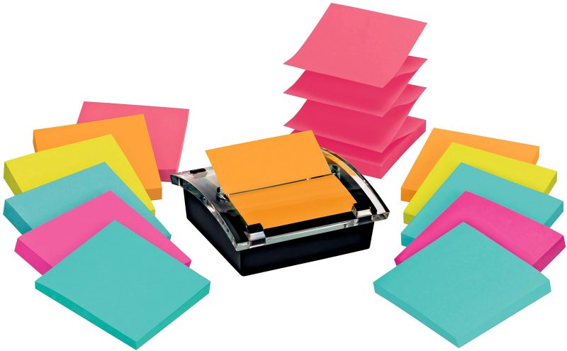 Post-it Super Sticky Pop Up Notes with Black Dispenser, 12 Pads, 3 in x 3 in, 2x the Sticking Power, School Supplies and Office Products, Sticky Notes for Vertical Surfaces, Monitors, Walls and Windows, Assorted Colors