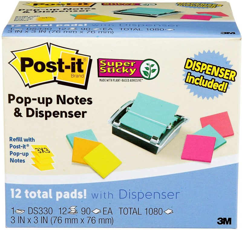 Post-it Super Sticky Pop Up Notes with Black Dispenser, 12 Pads, 3 in x 3 in, 2x the Sticking Power, School Supplies and Office Products, Sticky Notes for Vertical Surfaces, Monitors, Walls and Windows, Assorted Colors - Image 2