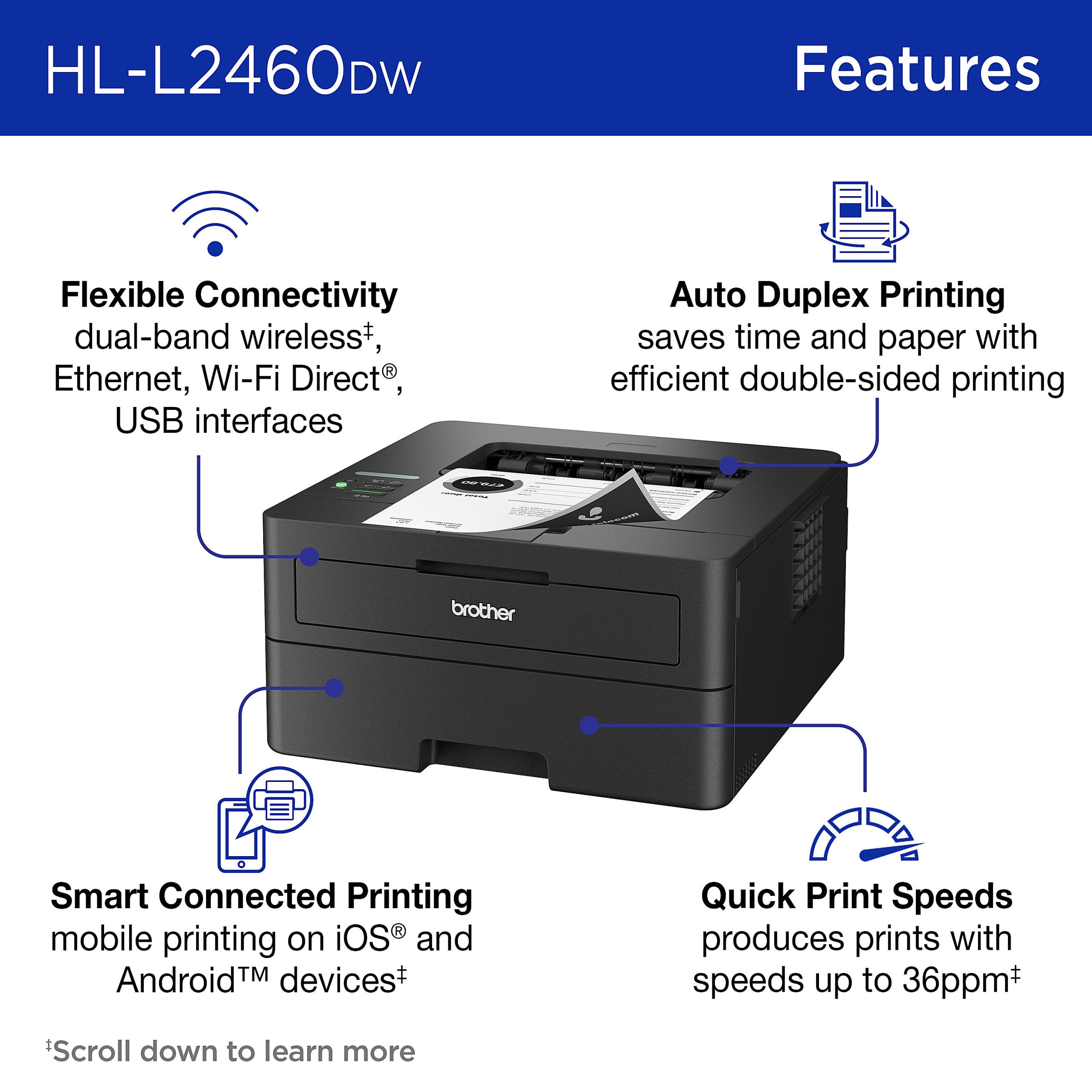 Brother HL-L2460DW Wireless Compact Monochrome Laser Printer, Duplex and Mobile Printing, Refresh EZ Print Eligibility - Image 2